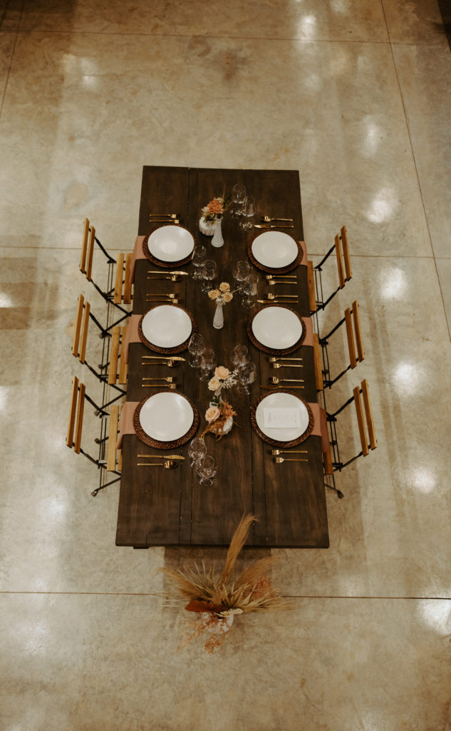 A birdseye view of a wedding tables-cape at L & L Farm