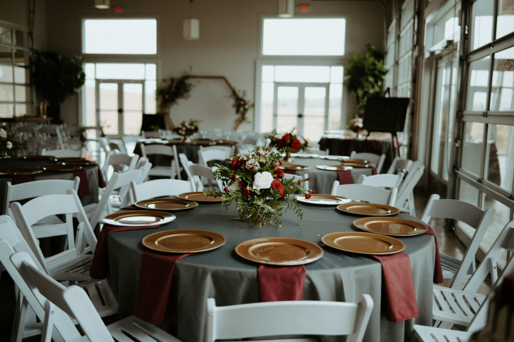 Table settings at The Ruby Cora Wedding and Event Venue for Shelby and Jacobs big day. 