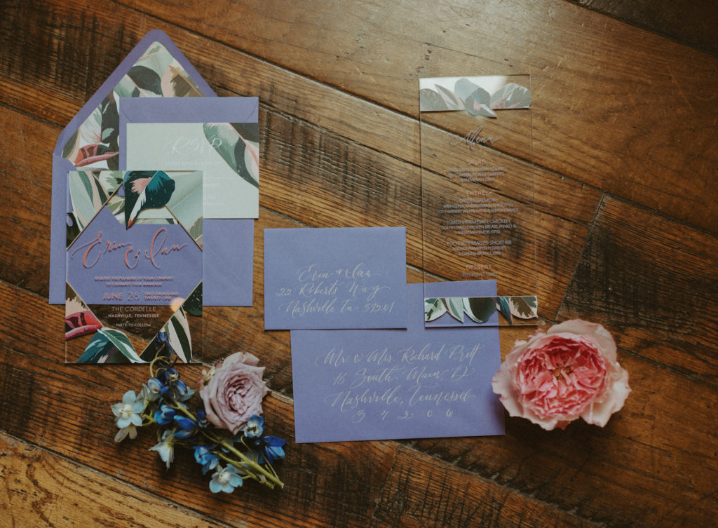 Wedding invitations setup for the flatlay at this styled wedding.