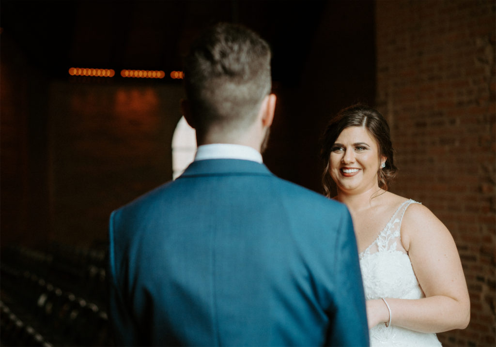 Marissa seeing Ryan for the first time during their fall wedding day at Clementine Hall.