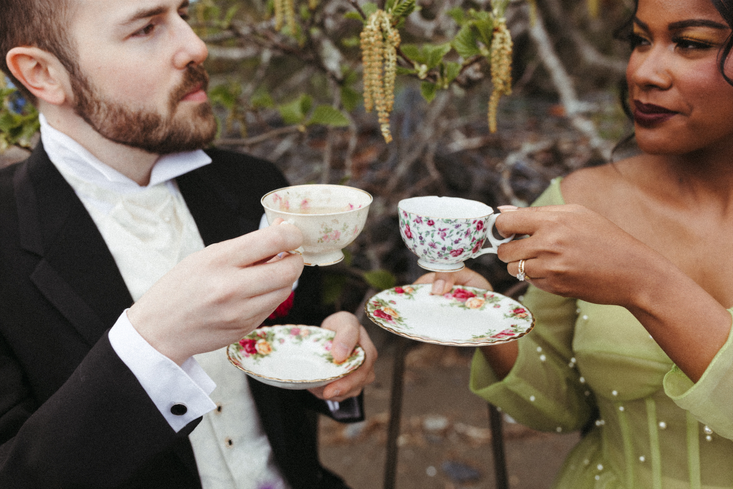 Detail photos of teacups from an Alaska elopement