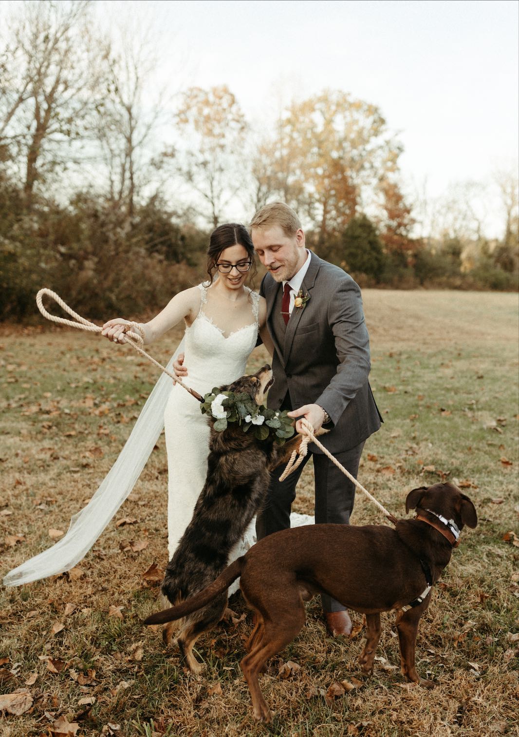 Couple with their dogs during their wedding at Double Creek Farm