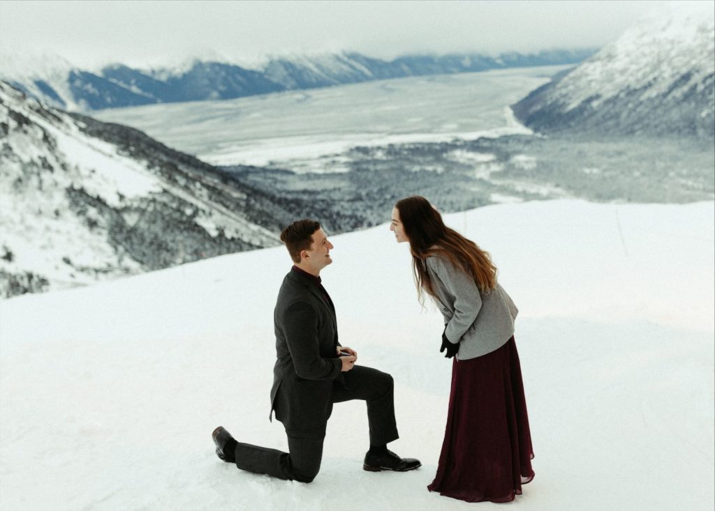 Snowy mountaintop proposal in Girdwood, Alaska