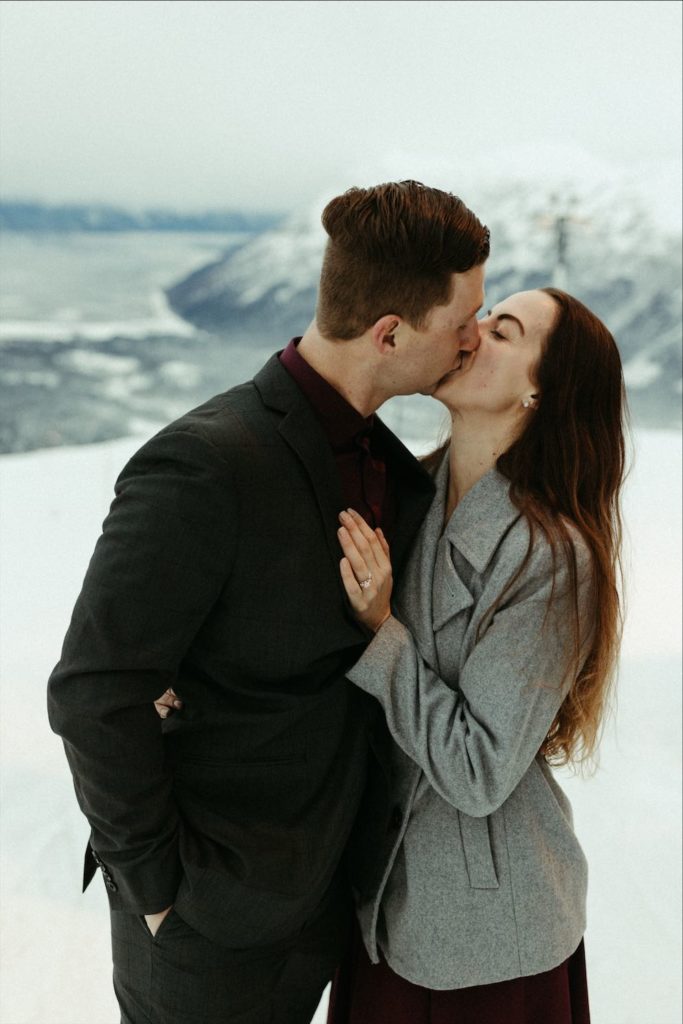 Snowy engagement session shot by an Alaska wedding photographer