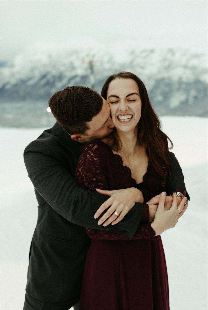 Snowy proposal shot by a Girdwood, Alaska wedding photographer