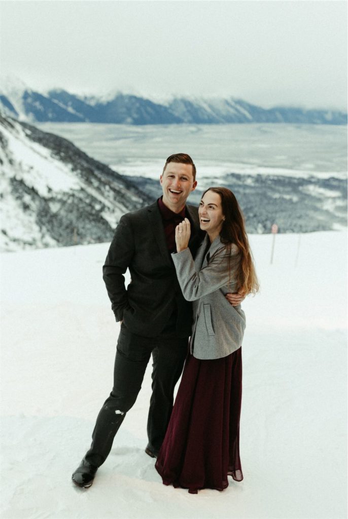 A snowy mountainside proposal at Alyeska ski resort in Girdwood, Alaska