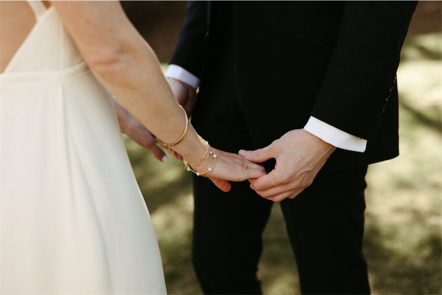 Bride and groom holding hands during their first look 