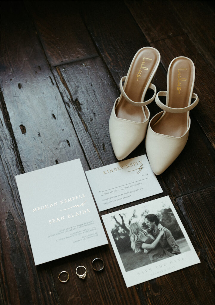 Flat lay made up of meaningful pieces from both the bride and groom