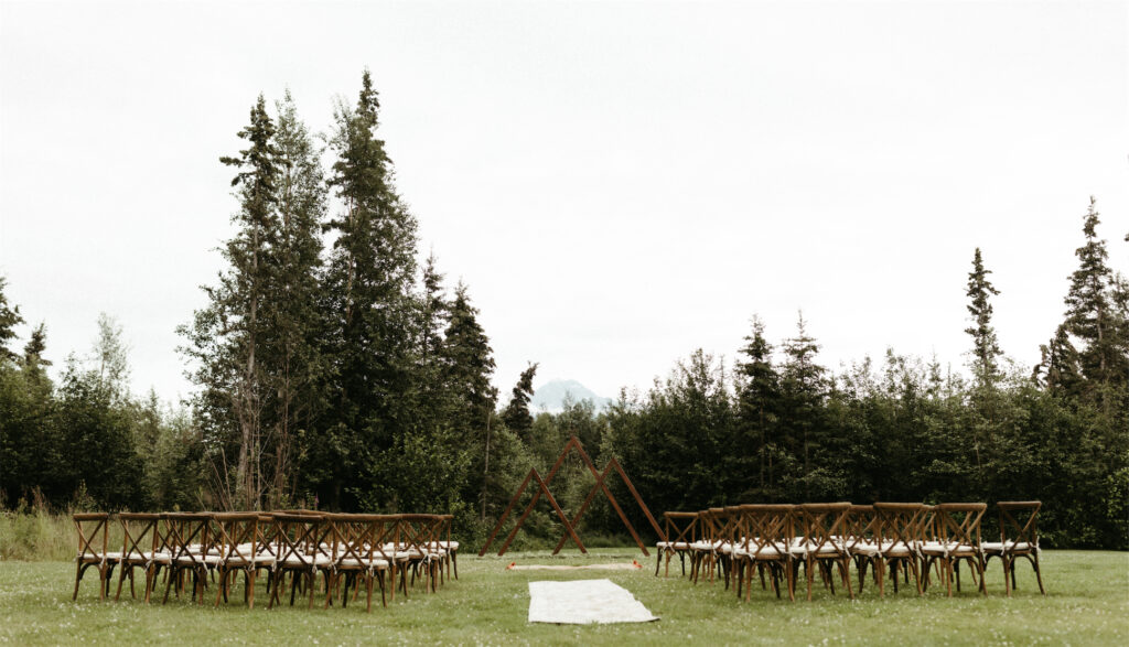 wedding ceremony set up at Knotty Pine B & B in Palmer, Alaska
