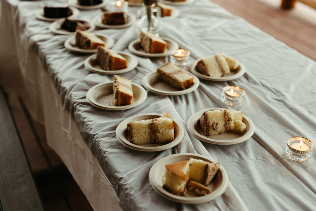 Cut wedding cake on a table