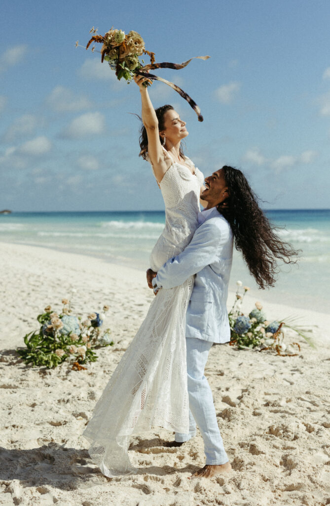 Couple celebrating during their elopement in Tulum 