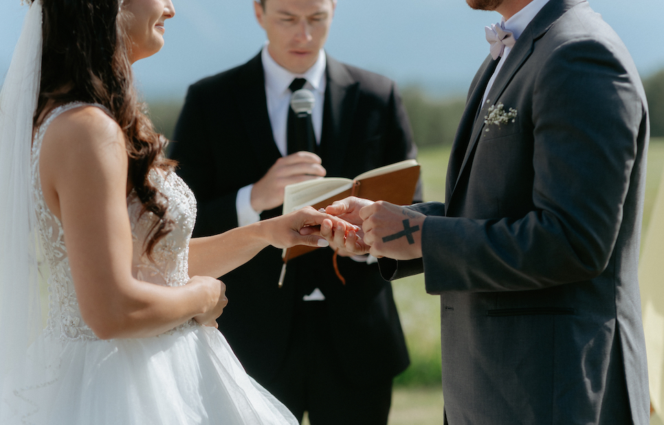 Couple exchanging wedding rings with one another