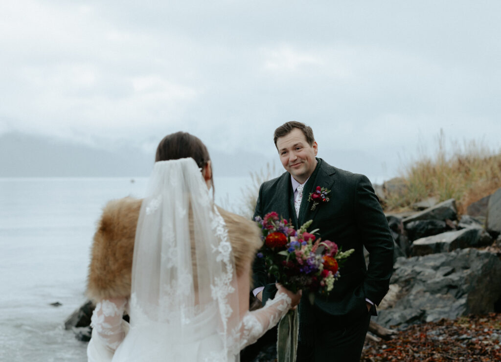 Man seeing a woman for the first time on their wedding day 