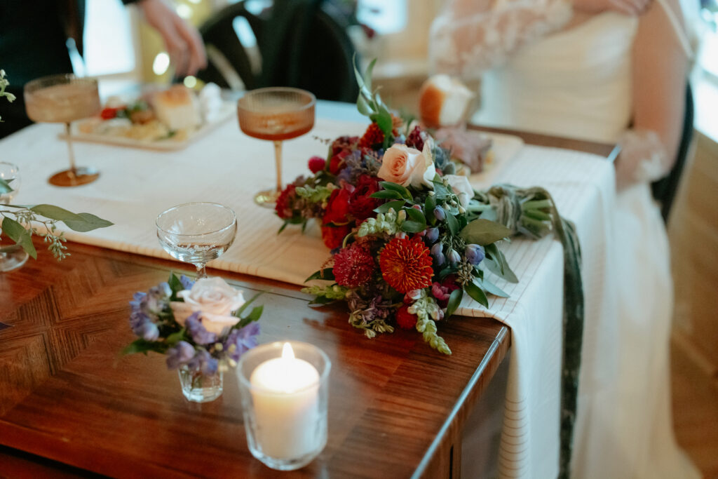 A bouquet placed on a wooden table.