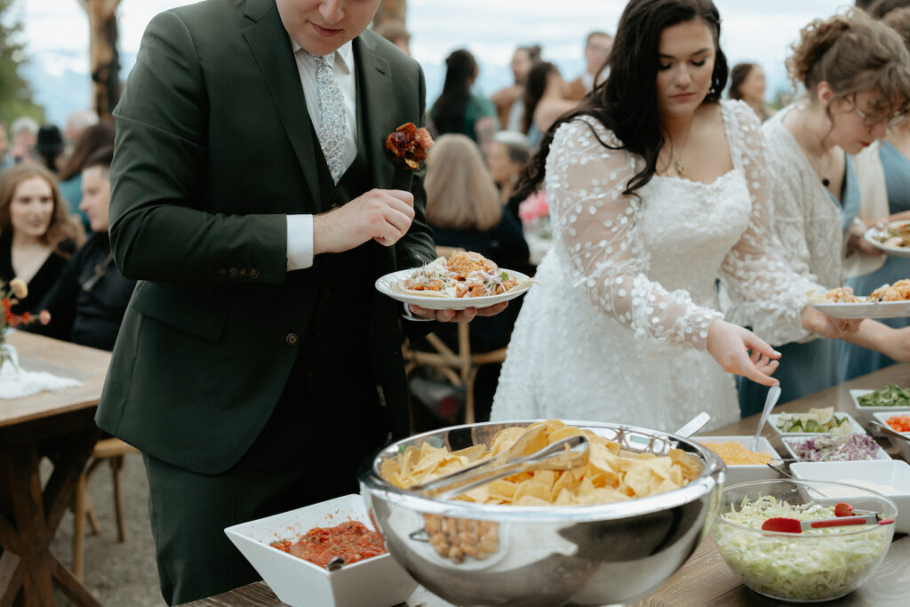 A taco bar set up by the Tickled Pear during a Alaska wedding. 