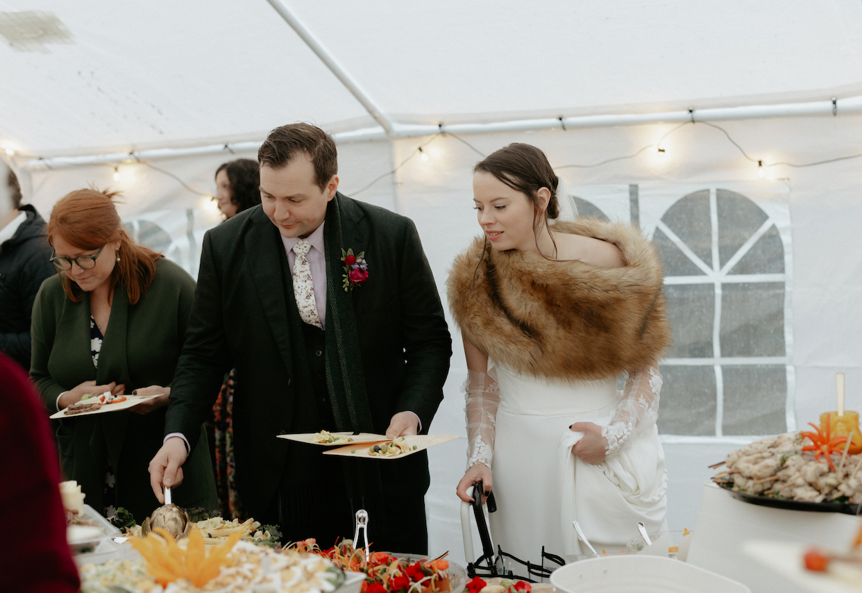 Grazing table with local Alaska flavors by Alaska Coastal Catering at an intimate wedding reception. 